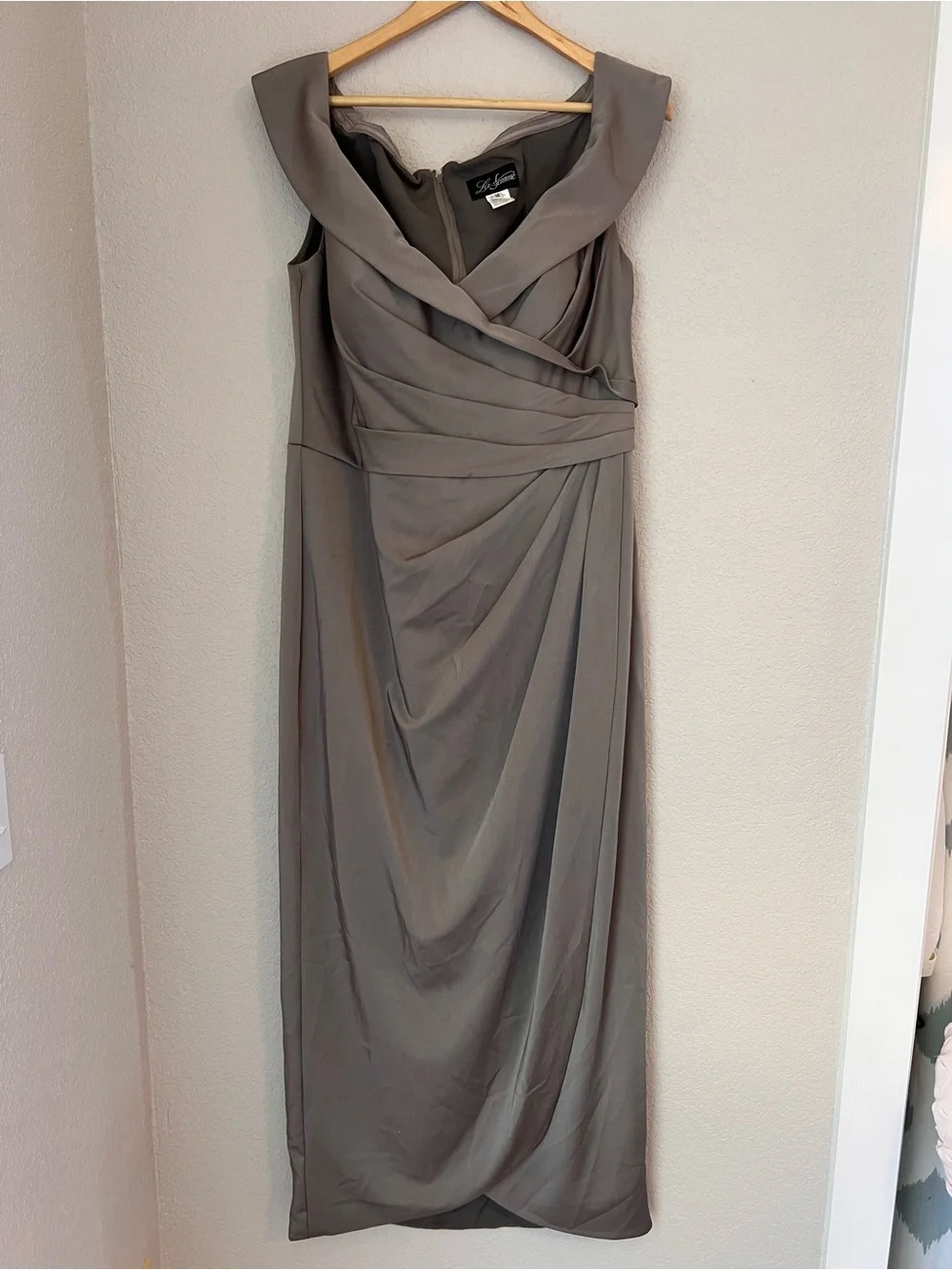 La Femme Gray Taupe Draped Sleeveless Maxi Dress